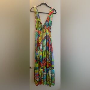 Vibrant Multicolor floral silk maxi dress with a tie back!